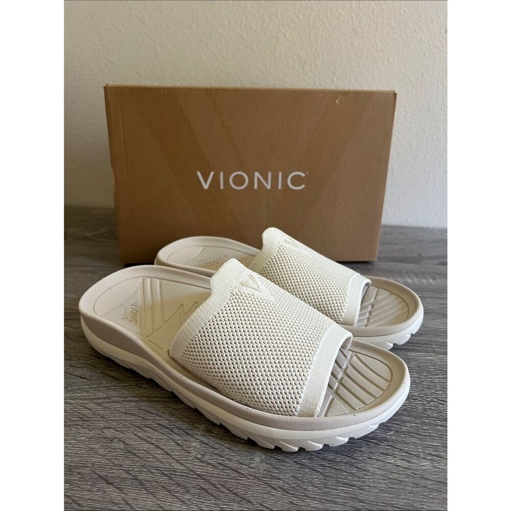 Vionic Rejuvenate Recovery Slide Sandals Women’s 7 Cream Knit Comfort Orthotic